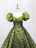 Green Printed Pattern Floor Length Prom Dress, Elegant Off the Shoulder Formal Dress HZ0429