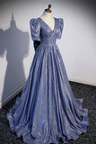 Blue Long A-Line Prom Dress, Simple V-Neck Short Sleeve Evening Dress HZ0429