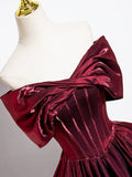 Burgundy Satin Floor Length Prom Dress, Burgundy A-Line Off the Shoulder Evening Party Dress HZ0429