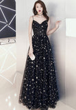 Black Tulle Long A-Line Prom Dresses, Black Star Evening Dresses HZ0429