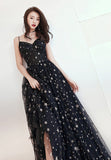 Black Tulle Long A-Line Prom Dresses, Black Star Evening Dresses HZ0429