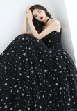 Black Tulle Long A-Line Prom Dresses, Black Star Evening Dresses HZ0429