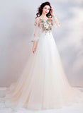 Champagne Lace Long Prom Dresses, A-Line Long Sleeve Evening Dresses HZ0429