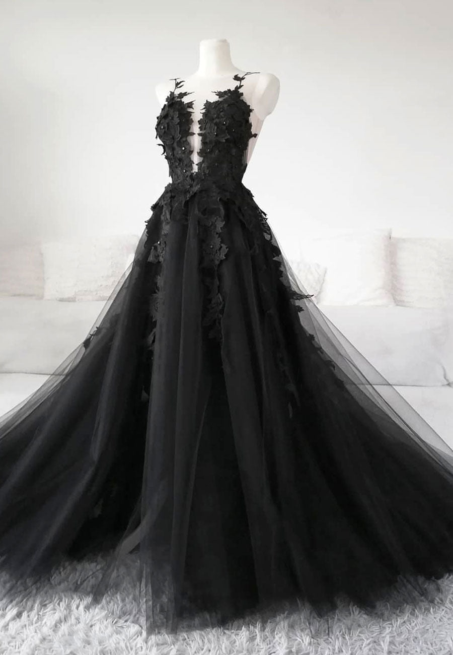 Black Tulle Lace Long Prom Dress, Black Formal Graduation Dress HZ0429