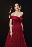 Burgundy Tulle Floor Length Prom Dress, Off the Shoulder Party Dress HZ0429