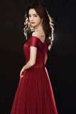 Burgundy Tulle Floor Length Prom Dress, Off the Shoulder Party Dress HZ0429