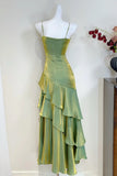 Green Metallic Satin Asymmetrical Ruffle Evening Gown Spaghetti Strap Formal Dress HZ0429