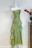 Green Metallic Satin Asymmetrical Ruffle Evening Gown Spaghetti Strap Formal Dress HZ0429