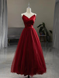 Burgundy V-Neck Satin Tulle Long Prom Dress, A-Line Strapless Evening Party Dress HZ0429