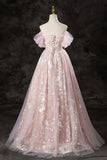 Pink Tulle Sequins Floor Length Prom Dress, Lovely A-Line Off the Shoulder Evening Party Dress HZ0429