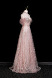 Pink Off-the-Shoulder Sequin Prom Dress, Sparkly A-Line Evening Gown with Tulle Sleeves HZ0429