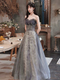 Gray Tulle Sequins Long Prom Dress, Lovely A-Line Evening Party Dress HZ0429