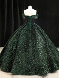 Dark Green Sequins Long Formal Dress, Elegant Off the Shoulder Party Dress HZ0429
