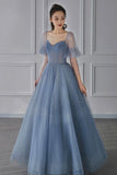 Blue Tulle Beaded Floor Length Prom Dress, Blue V-Neck Evening Party Dress HZ0429