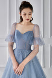 Blue Tulle Beaded Floor Length Prom Dress, Blue V-Neck Evening Party Dress HZ0429
