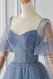 Blue Tulle Beaded Floor Length Prom Dress, Blue V-Neck Evening Party Dress HZ0429