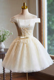 Lovely Knee Length Tulle Party Dress, Champagne Off the Shoulder Homecoming Dress HZ0429