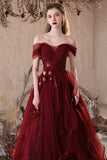 Burgundy Tulle Sequins Long Prom Dress, Beautiful A-Line Party Dress HZ0429