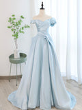 Blue Satin Tulle Long Prom Dress, Off Shoulder Formal Evening Dress HZ0429