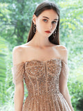 Off Shoulder Tulle Sequins Long Prom Dress, A-Line Formal Dress HZ0429