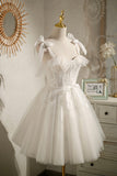 Champagne Tulle Lace Knee Length Prom Dress, Cute A-Line Party Dress HZ0429