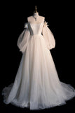 Champagne Tulle Long Sleeve Prom Dress, Off the Shoulder Evening Dress HZ0429