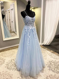 Blue Spaghetti Strap Tulle Long Prom Dress with Lace, A-Line Evening Party Dress HZ0429
