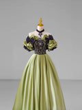 Green Satin Lace Long Prom Dress, Beautiful A-Line Evening Dress with Bow HZ0429