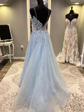 Blue Spaghetti Strap Tulle Long Prom Dress with Lace, A-Line Evening Party Dress HZ0429