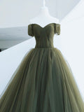 Green Tulle Long Prom Dress, A-Line Off Shoulder Evening Dress HZ0429