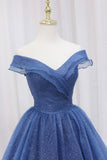 Blue Off the Shoulder Long Party Dress Evening Gown, Blue Junior Prom Dress HZ0429