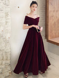 Burgundy V-Neck Velvet Long Prom Dress, Off Shoulder Evening Party Dress HZ0429