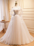 Champagne Tulle Long Prom Dress, A-Line Evening Dress with Bow HZ0429