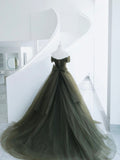 Green Tulle Long Prom Dress, A-Line Off Shoulder Evening Dress HZ0429
