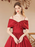 Burgundy Satin Beaded Long Prom Dress, Cute Off Shoulder Evening Dress HZ0429