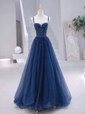 Blue Tulle Beaded Long Formal Dress, Blue Evening Dress HZ0429