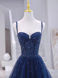 Blue Tulle Beaded Long Formal Dress, Blue Evening Dress HZ0429