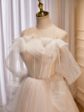 Champagne Tulle Long Prom Dress, A-Line Evening Dress with Bow HZ0429