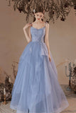 Blue V-Neck Tulle Lace Long Prom Dress, Lovely Spaghetti Straps Evening Dress HZ0429
