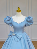 Blue Satin Long Prom Dress with Bow, Blue A-Line Formal Evening Dress HZ0429