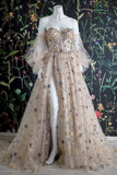 Champagne Tulle Long Prom Dress, Off the Shoulder Evening Dress with Stars HZ0429