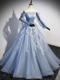 Blue Strapless Tulle Long Prom Dress, Chic A-Line Formal Dress with Long Sleeves HZ0429