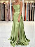 Green Satin Long Prom Dress, Simple A-Line Backless Evening Dress HZ0429