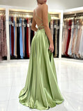 Green Satin Long Prom Dress, Simple A-Line Backless Evening Dress HZ0429