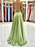 Green Satin Long Prom Dress, Simple A-Line Backless Evening Dress HZ0429