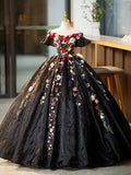 Black Tulle Long Prom Dress with Lace Flowers, Beautiful Off Shoulder Evening Gown HZ0429