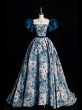 Blue Printed Long Ball Gown, Elegant A-Line Short Sleeve Evening Dress HZ0429