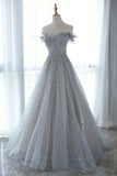 Gray Tulle Sequins Long Prom Dress, Off the Shoulder Evening Dress HZ0429