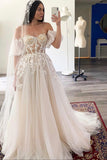Champagne Lace Long A-line Ball Gown, Off the Shoulder Evening Party Dress HZ0429