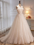 Spaghetti Strap Tulle Champagne Long Prom Dress, Champagne Evening Party Dress HZ0429
